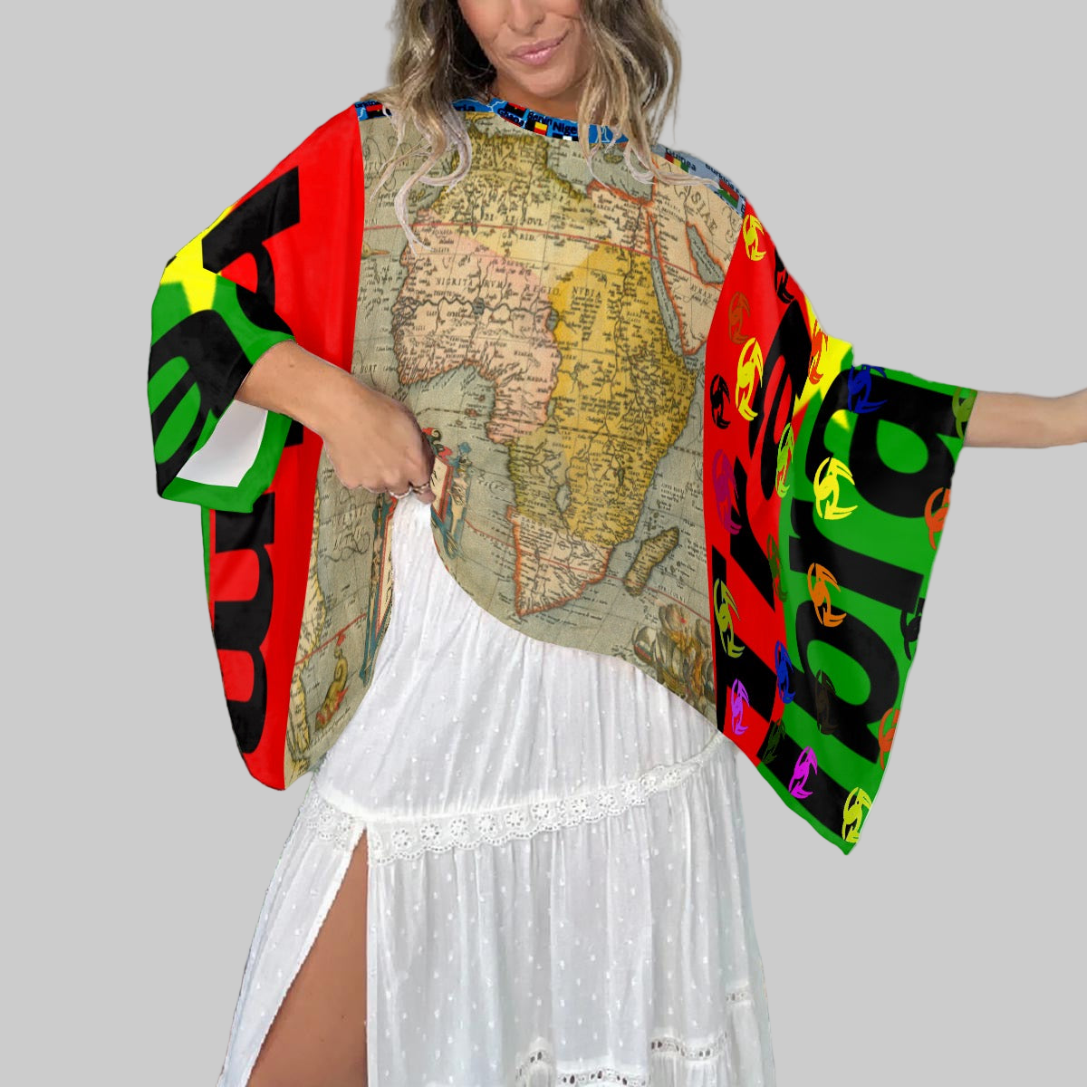 Goddi Boho Africa 54 Countries Map, Flags on Collar, Women’s Eagleswing Loose Sleeves Top -S