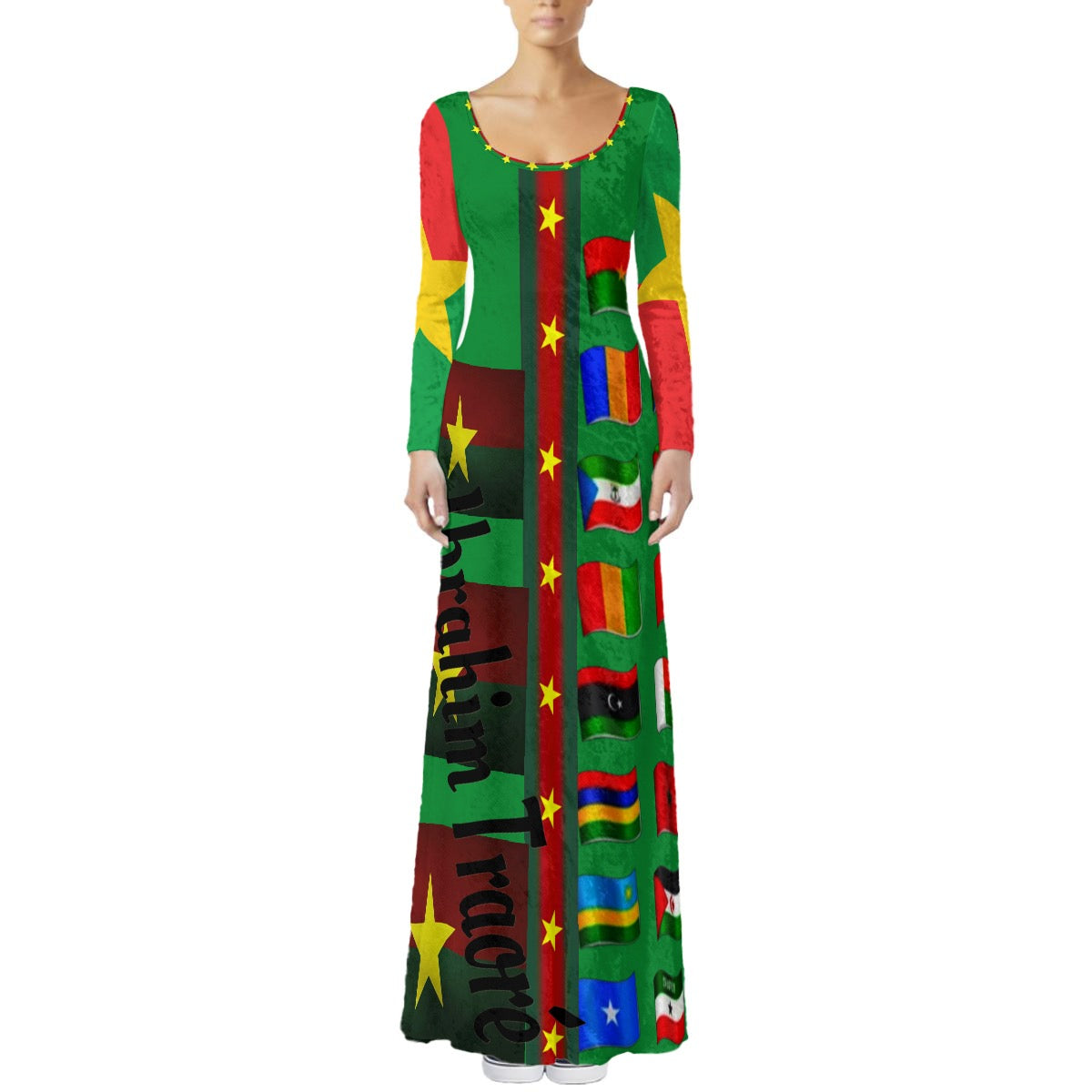 GODDI Red Soil Gold 54 Countries Print Velvet Long -Sleeve Maxi Dress￼- s