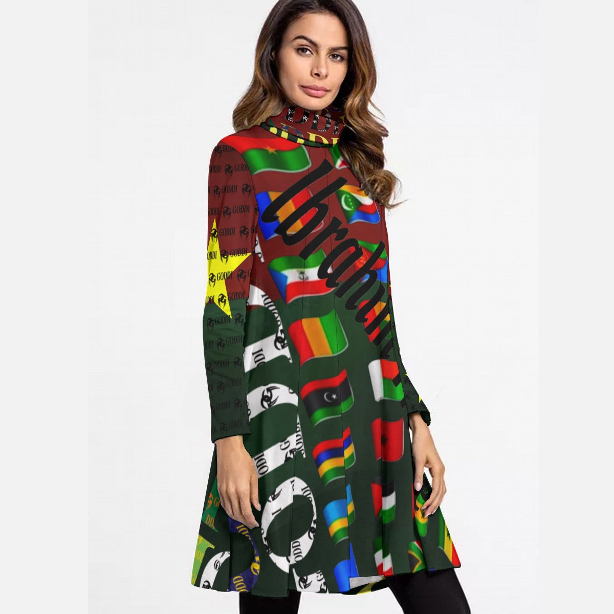 All-Over Print Women's High Neck Dress With Long Sleeve