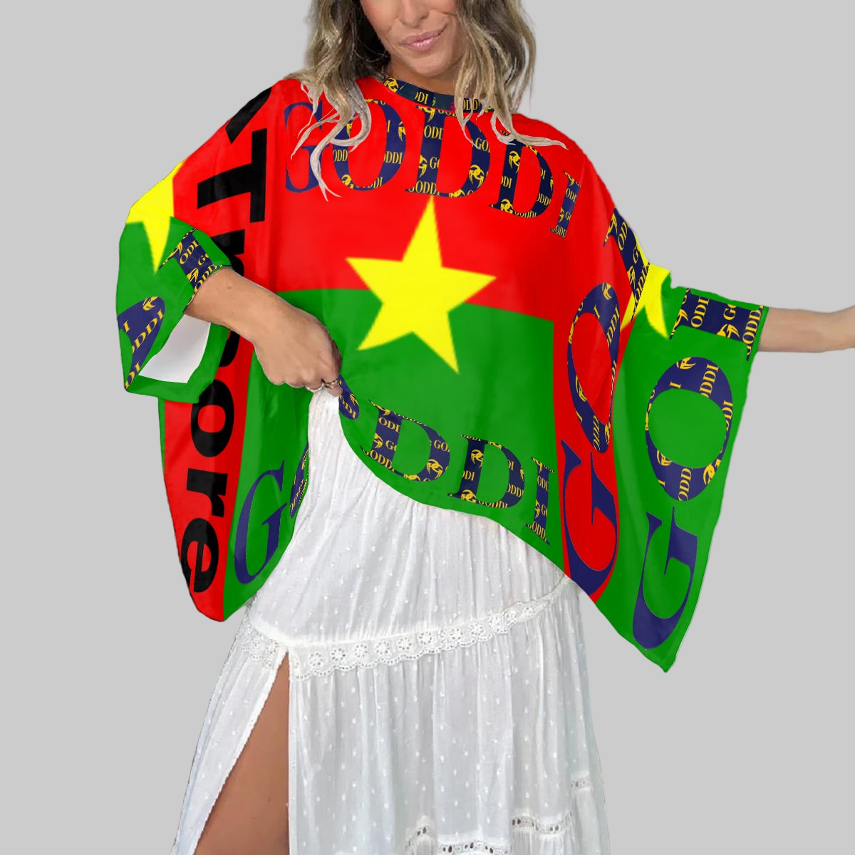 Goddi Fly Free Boho Patchwork Kimono Loose Sleeves Top with Goddi Print