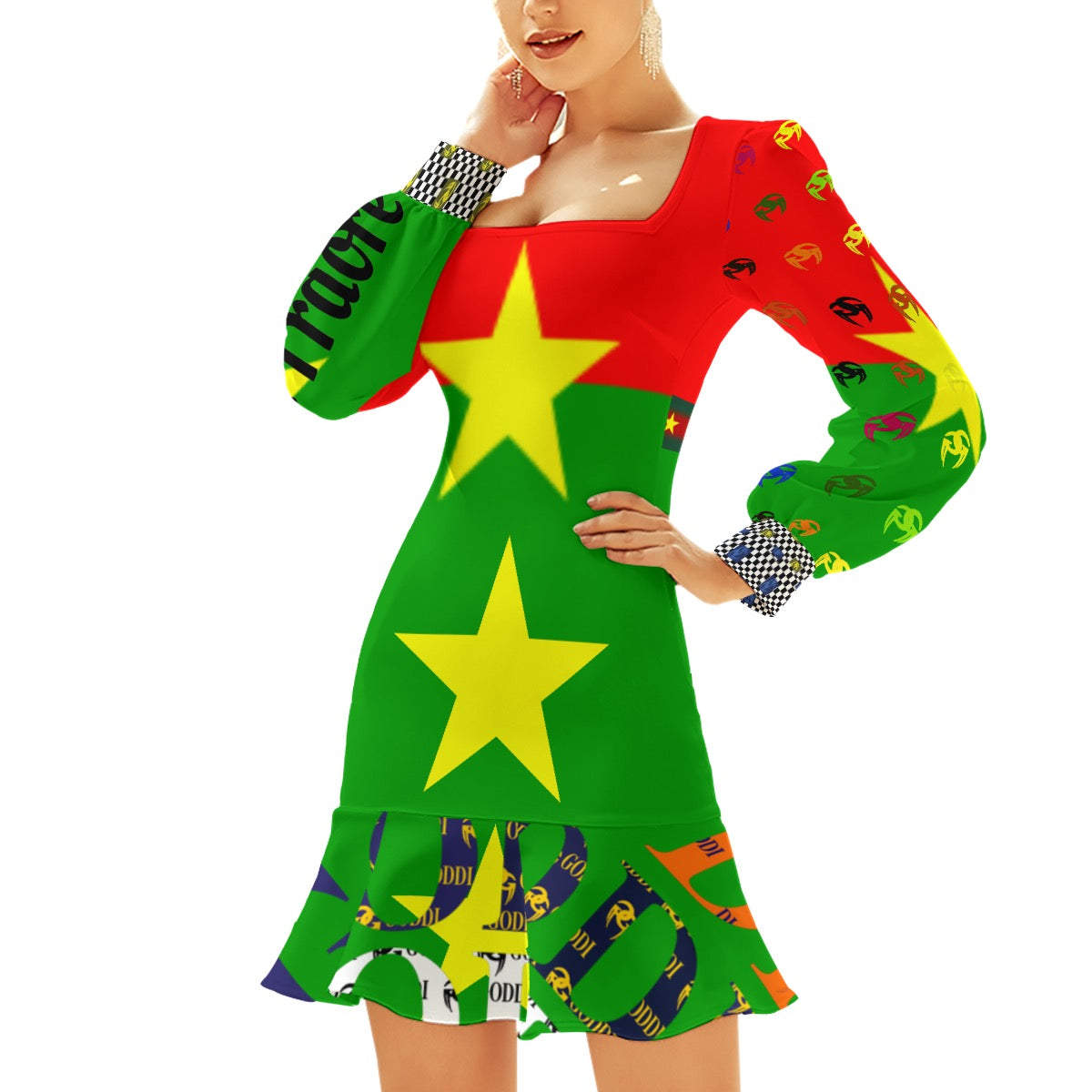 GODDI Heritage Ruffle Hem Skinny Dress Vibrant Burkina Faso Colors | Women’s S