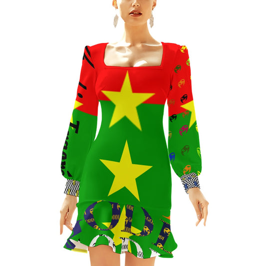 GODDI Heritage Ruffle Hem Skinny Dress Vibrant Burkina Faso Colors | Women’s S