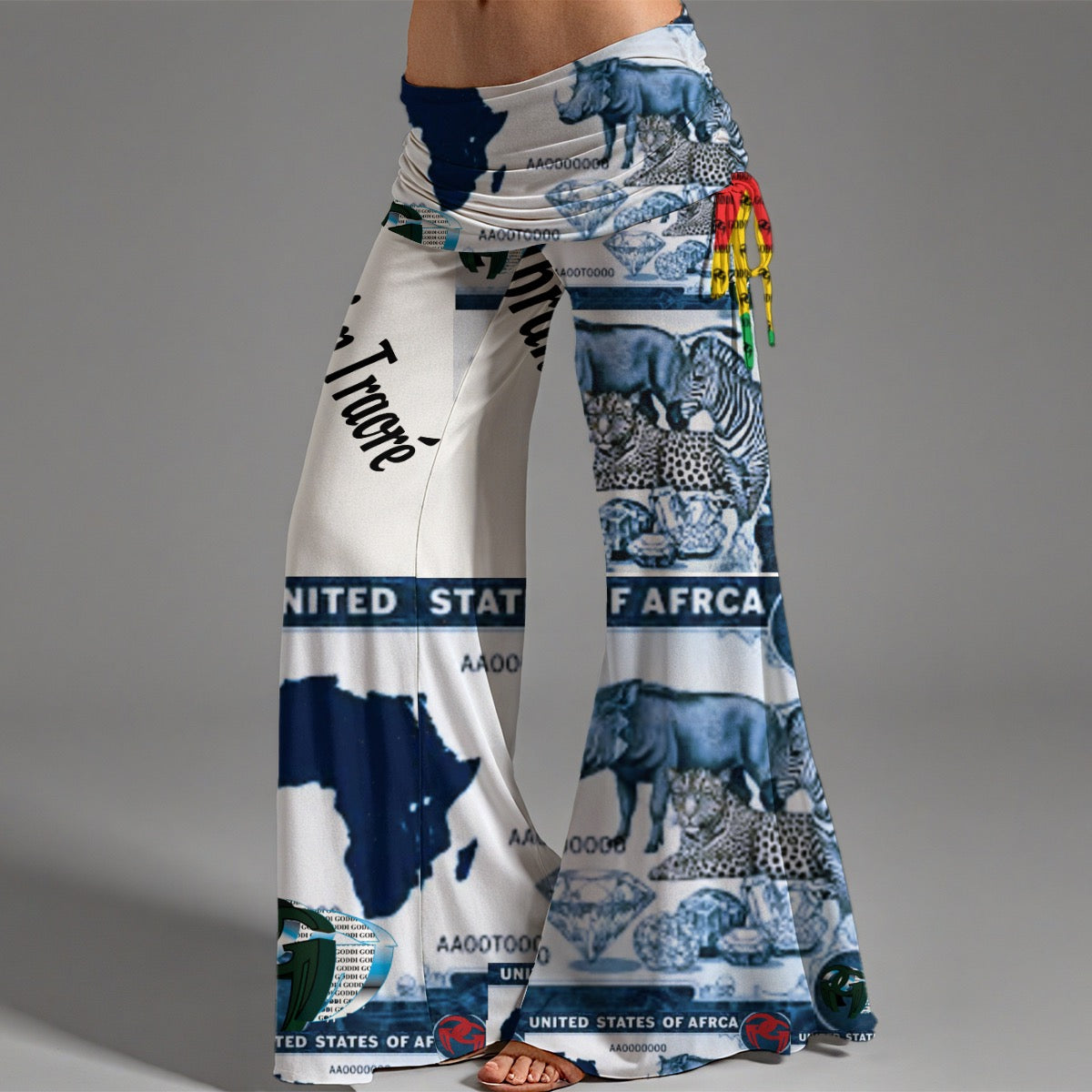 Afro Money 50 African Map Animals Print Women's High Waist Wide Leg Pants - S