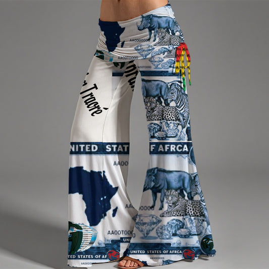Afro Money 50 African Map Animals Print Women's High Waist Wide Leg Pants - S