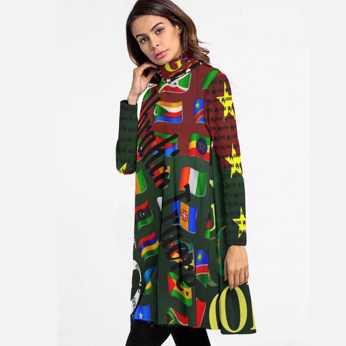 All-Over Print Women's High Neck Dress With Long Sleeve