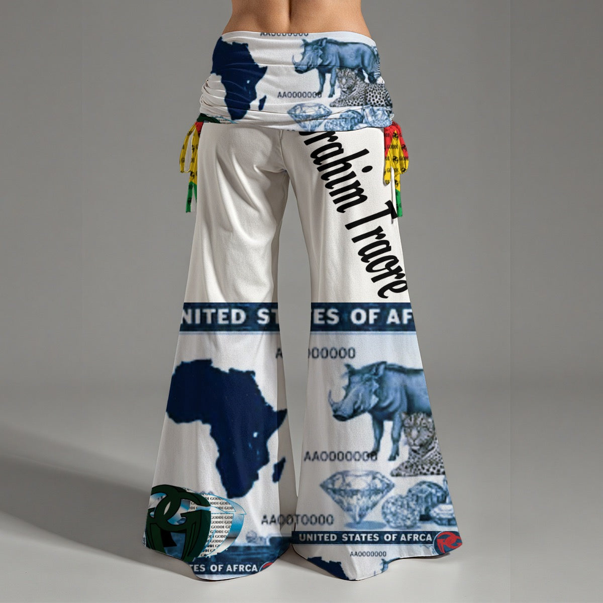 Afro Money 50 African Map Animals Print Women's High Waist Wide Leg Pants - S