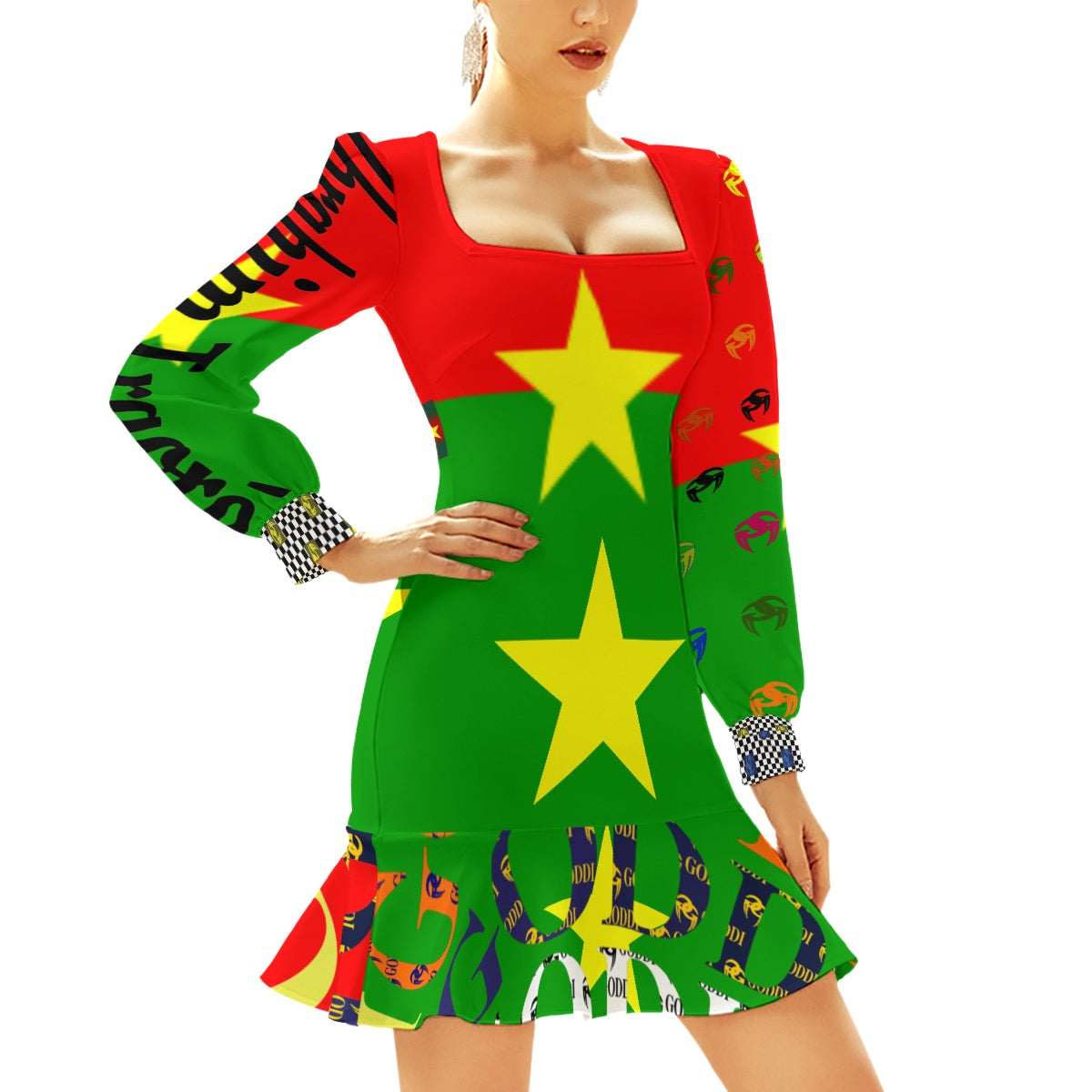 GODDI Heritage Ruffle Hem Skinny Dress Vibrant Burkina Faso Colors | Women’s S