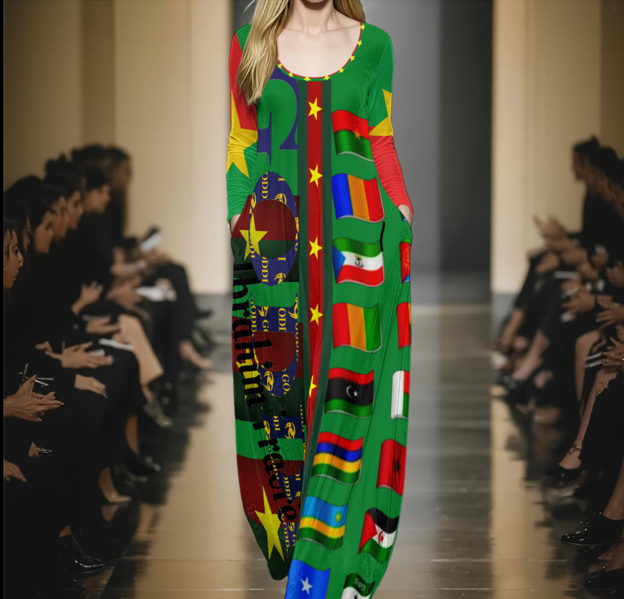 GODDI Red Soil Gold 54 Countries Print Velvet Long -Sleeve Maxi Dress￼- s