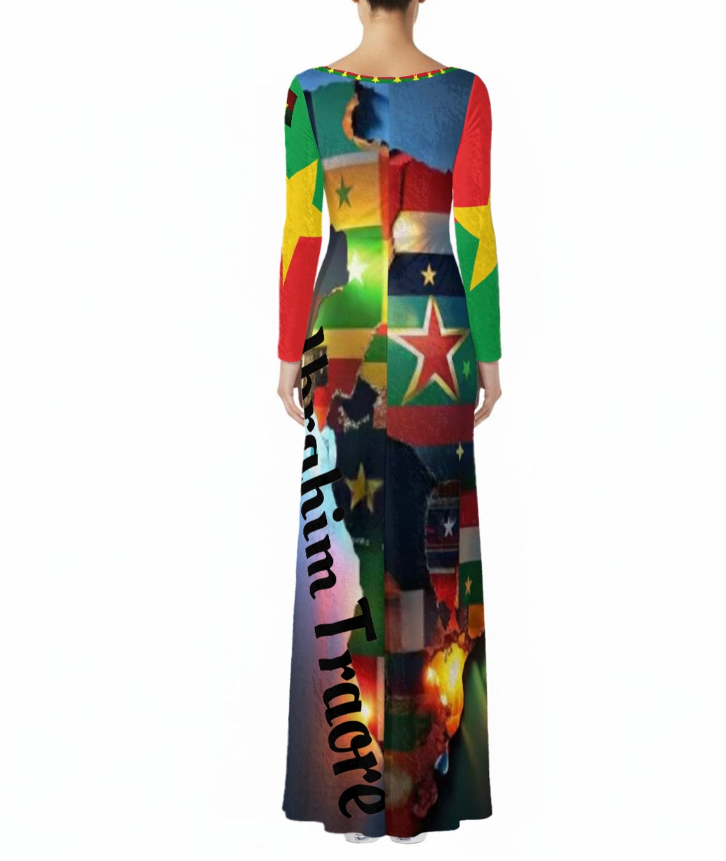 GODDI Red Soil Gold 54 Countries Print Velvet Long -Sleeve Maxi Dress￼- s