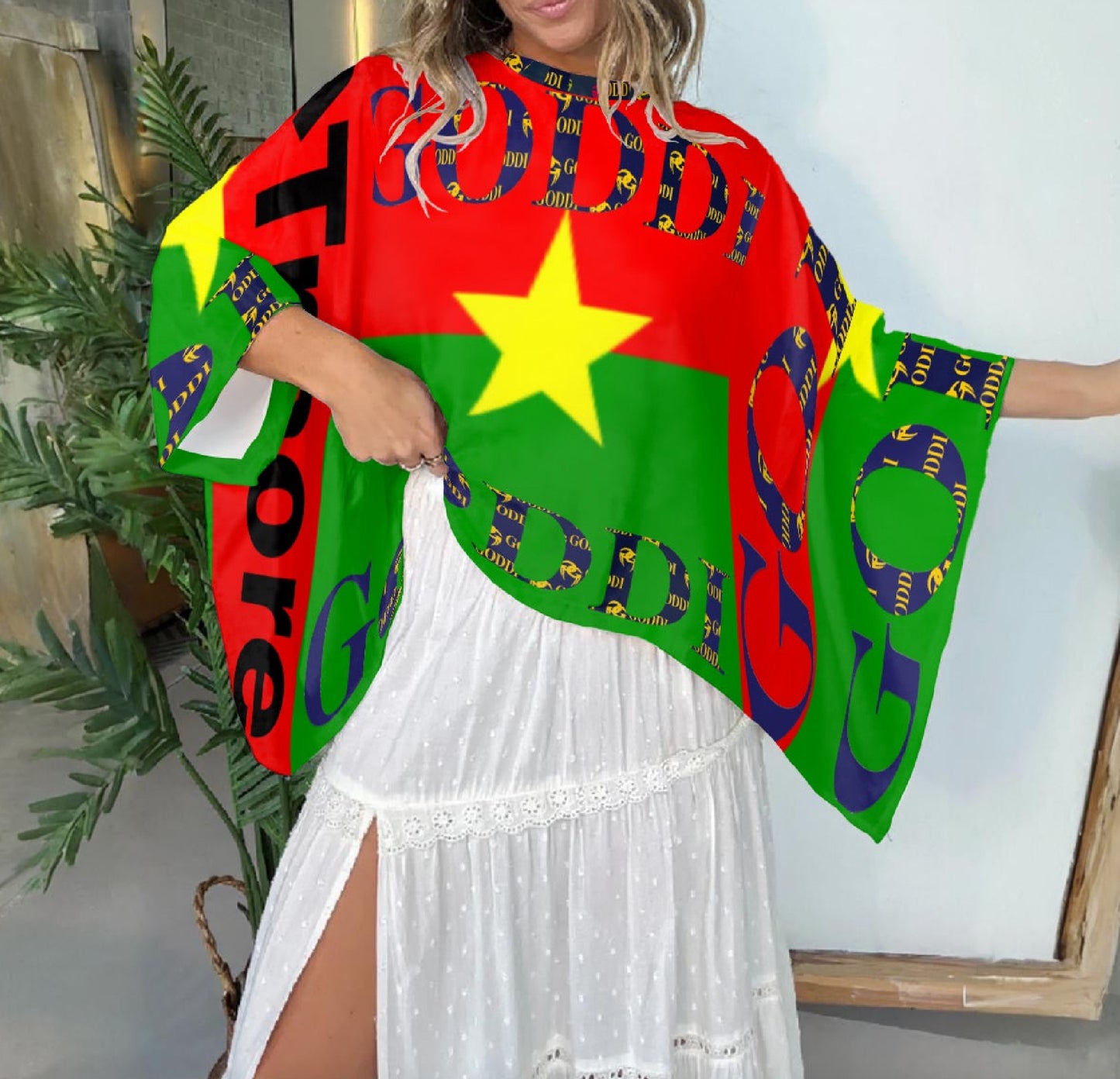 Goddi Fly Free Boho Patchwork Kimono Loose Sleeves Top with Goddi Print